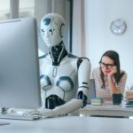 Disappointed stressed woman and AI robot in the office